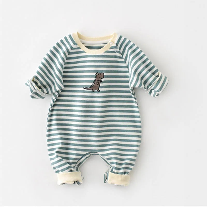 Barboteuse rayée en coton pour bébé – Broderie dinosaure (0-2 ans)