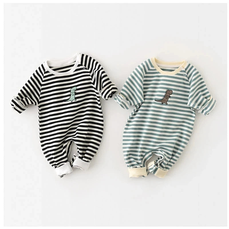 Baby Clothes Striped Cotton Rompers – Dinosaur Embroidery (0-2 Years)