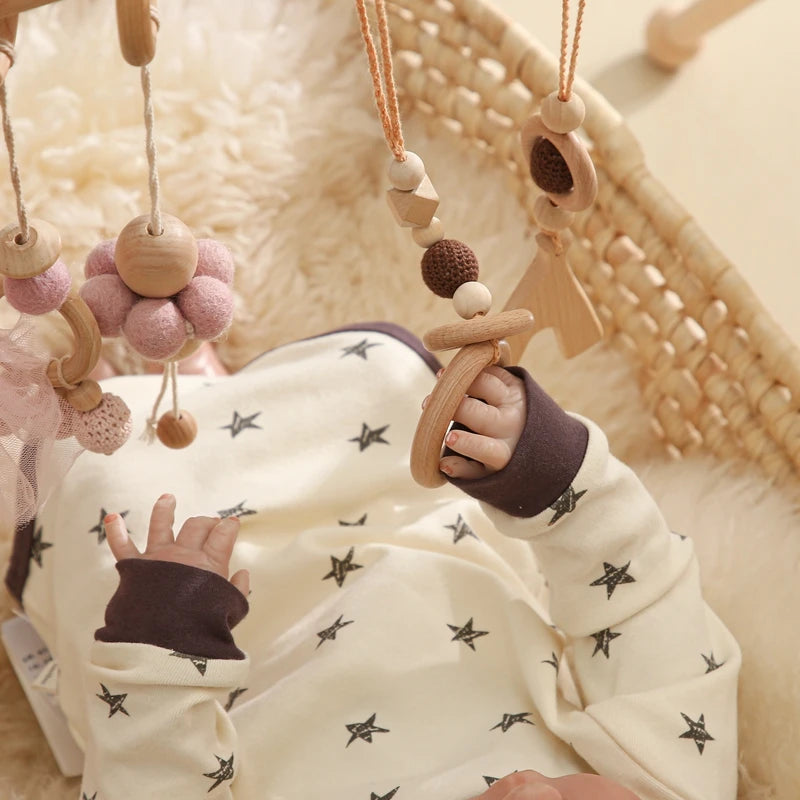 1 ensemble hochet et tapis de jeu en bois pour bébé - Mobile pliable et jouets sensoriels