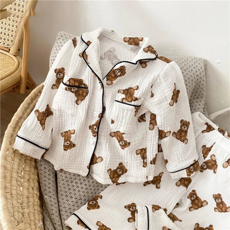 2Pcs Cotton Yarn Kids Bear Pajamas Set – Soft & Breathable Cardigan & Pants for Boys & Girls (1-5Y)