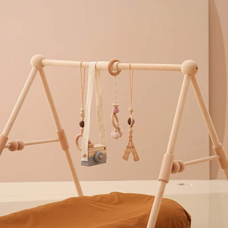 1 ensemble hochet et tapis de jeu en bois pour bébé - Mobile pliable et jouets sensoriels