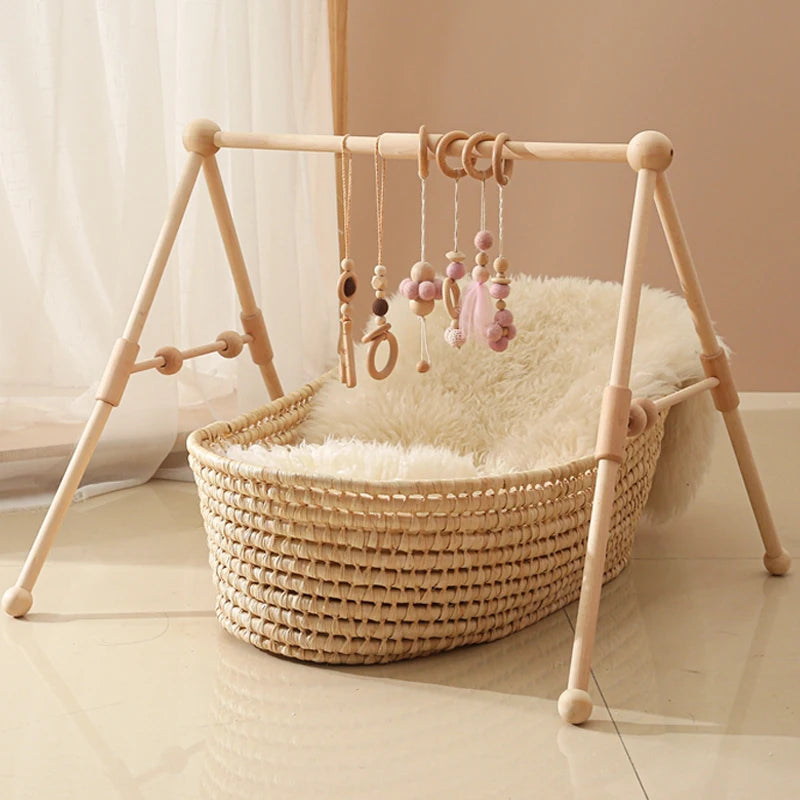 1 ensemble hochet et tapis de jeu en bois pour bébé - Mobile pliable et jouets sensoriels