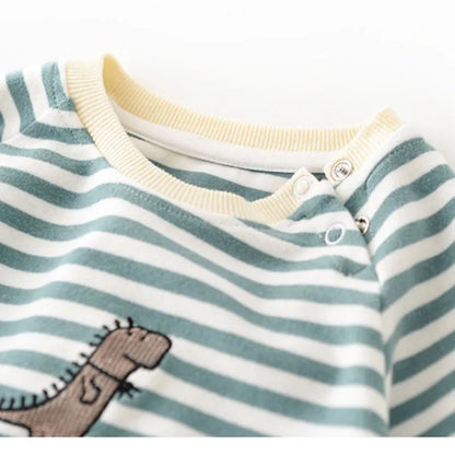 Baby Clothes Striped Cotton Rompers – Dinosaur Embroidery (0-2 Years)