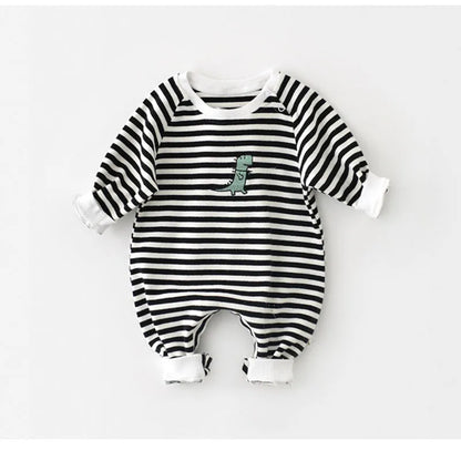 Baby Clothes Striped Cotton Rompers – Dinosaur Embroidery (0-2 Years)