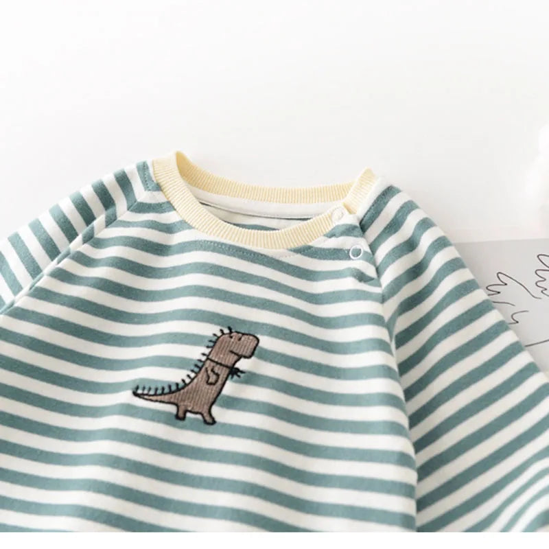 Baby Clothes Striped Cotton Rompers – Dinosaur Embroidery (0-2 Years)