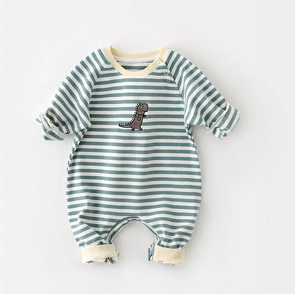 Baby Clothes Striped Cotton Rompers – Dinosaur Embroidery (0-2 Years)