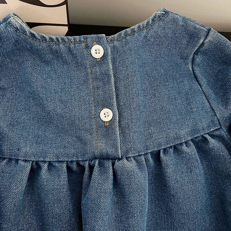 Girls Denim Dresses Autumn New Embroidery Floral Long Sleeve Dress Children's Daily Casual Clothes