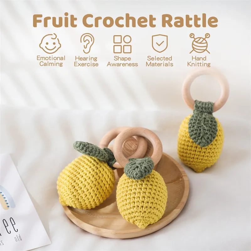 Hochet et anneau de dentition au citron - Cadeau réconfortant et nouveau-né en forme de fruit au crochet