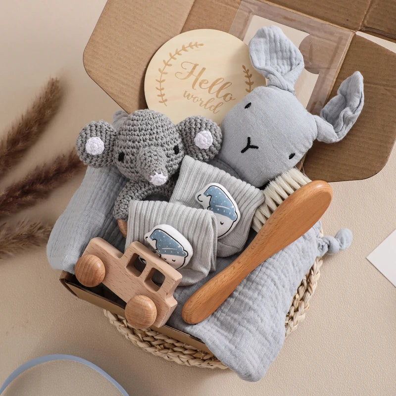 Baby Bath Set & Double Sided Cotton Blanket - 7PCS Newborn Gift Box