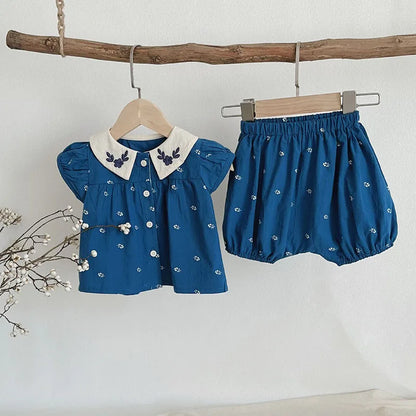 Baby-Sommerkleidungsset mit hübscher Bluse und Shorts mit Peter-Pan-Kragen, 2-teilig, für Kleinkinder, Mädchen