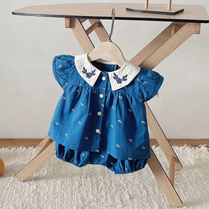 Baby-Sommerkleidungsset mit hübscher Bluse und Shorts mit Peter-Pan-Kragen, 2-teilig, für Kleinkinder, Mädchen