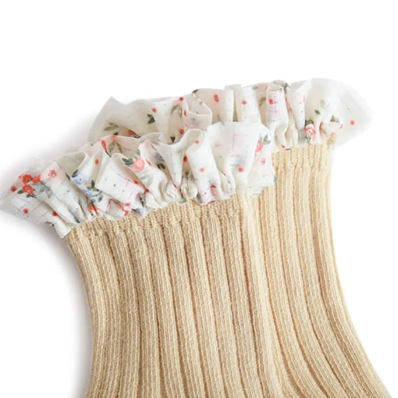 3er-Pack New Flare Babysocken für Mädchen – Chiffon-Socken mit Blumenmuster und Prinzessinnenspitze (0–5 Jahre)