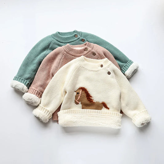 Winter Neue Cartoon Kinder Pullover Pelz-Gefüttert Fleece Strickwaren Pullover