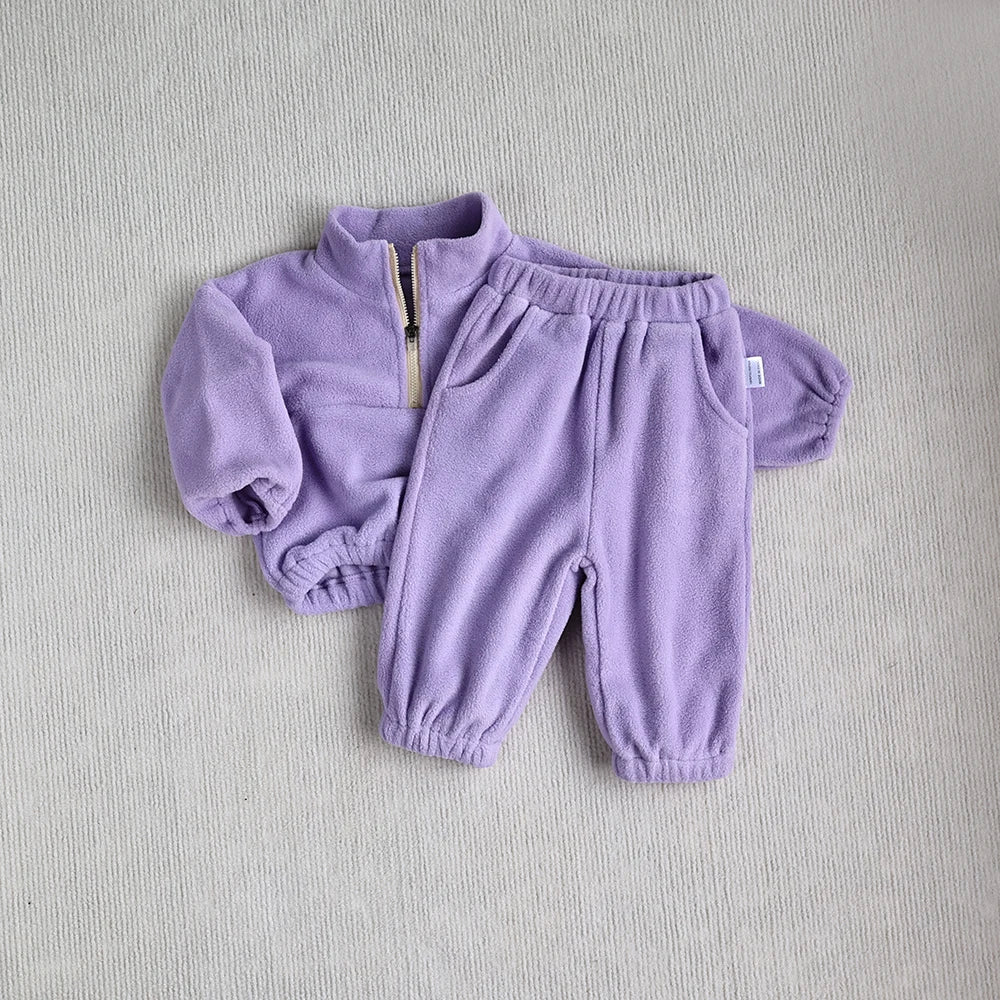 Winter Baby Sports Suit Solid Color Fleece Hoodies Suit Toddler Loose Outwear 2PCS (0-3T)