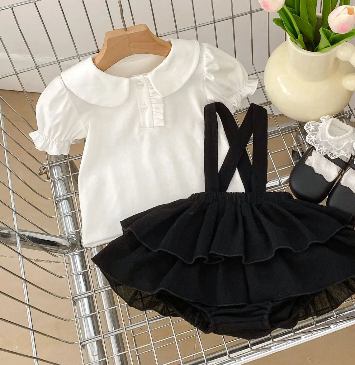 Kleidungsset für Kinder und Baby-Mädchen – Prinzessinnenbluse mit großem Kragen und Spitzen-Body, 2-teiliges Outfit