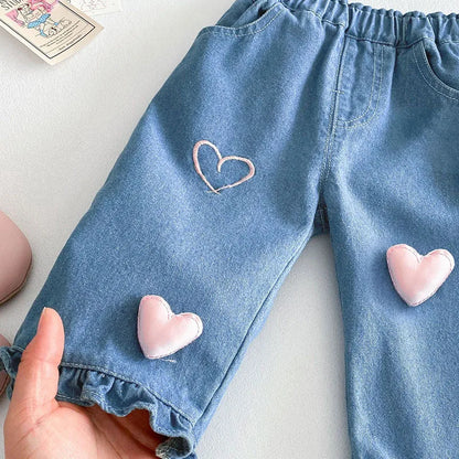 New Spring Girls Jeans – Cute Three-Dimensional Love Trousers for (0-5T)