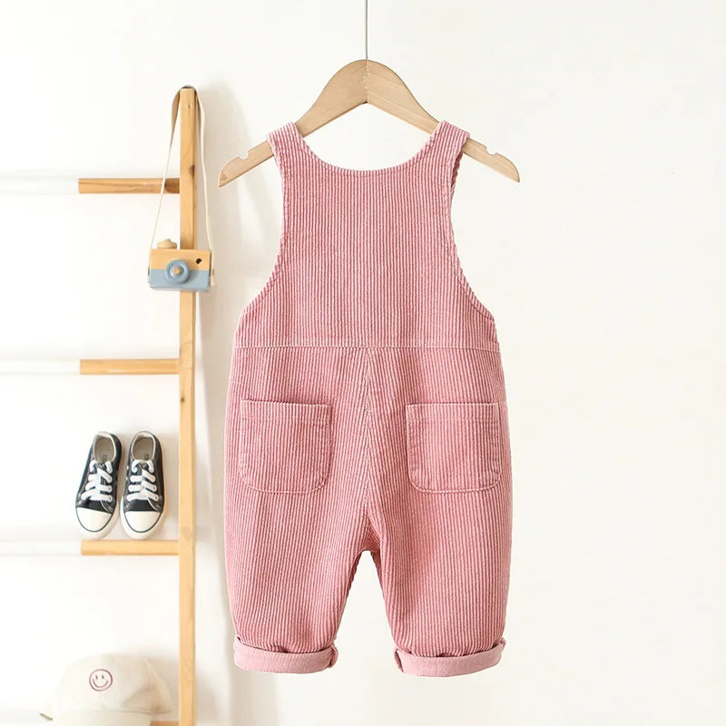 1-4Y Spring Kids Baby Clothes Heart Embroidery Baby Boys Girls Bib Pants Solid Overalls Corduroy Casual Suspender Outwear