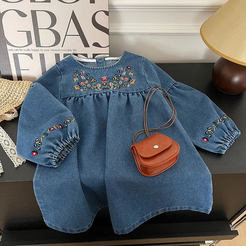 Girls Denim Dresses Autumn New Embroidery Floral Long Sleeve Dress Children's Daily Casual Clothes