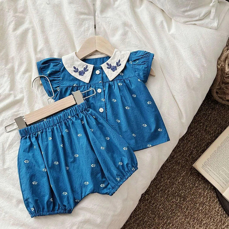 Ensemble de vêtements d'été pour bébé, joli chemisier à col Peter Pan et short, 2 pièces, pour petites filles