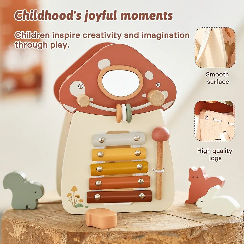 Jouet musical Montessori en bois pour bébé – Puzzle de blocs de construction en forme de champignon pour l'apprentissage précoce