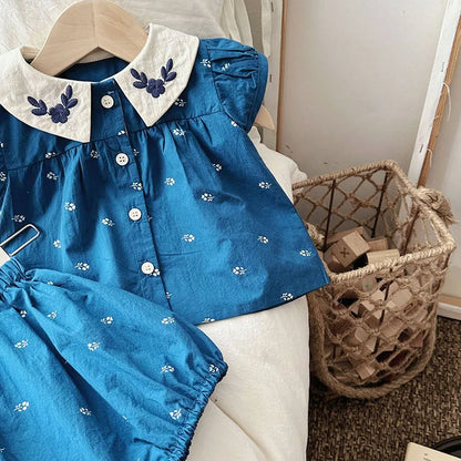 Baby-Sommerkleidungsset mit hübscher Bluse und Shorts mit Peter-Pan-Kragen, 2-teilig, für Kleinkinder, Mädchen