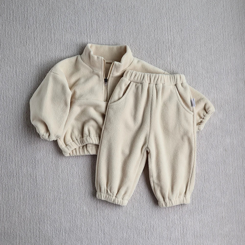 Ensemble de sport d'hiver pour bébé, couleur unie, polaire, sweat à capuche, vêtements d'extérieur amples pour tout-petits, 2 pièces (0-3 ans)