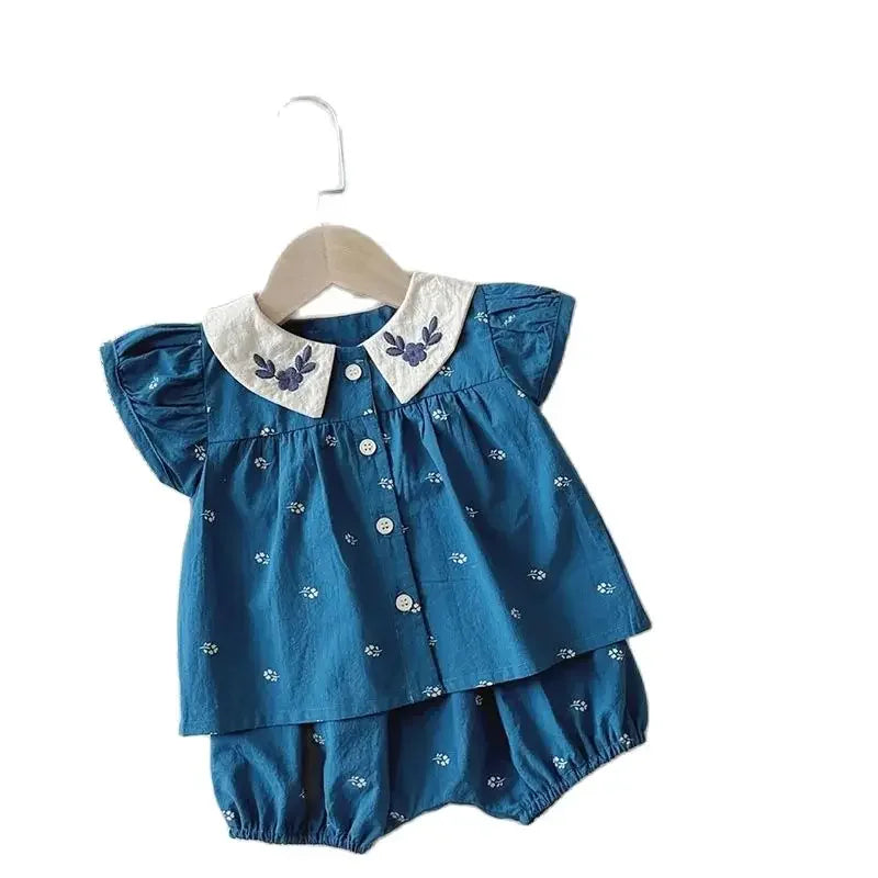 Baby-Sommerkleidungsset mit hübscher Bluse und Shorts mit Peter-Pan-Kragen, 2-teilig, für Kleinkinder, Mädchen