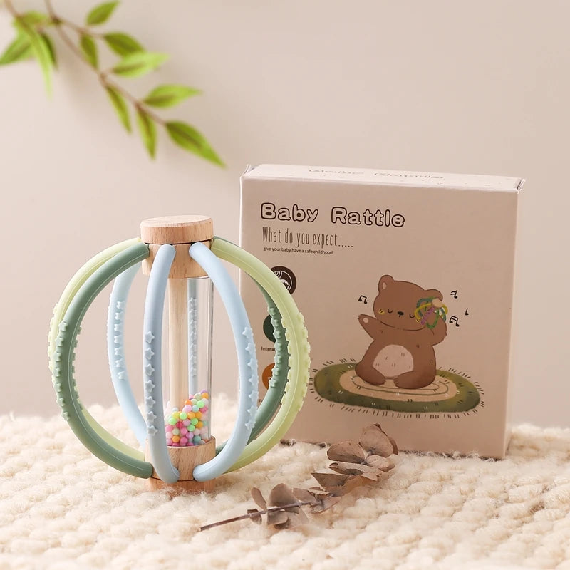 Baby Rattle & Rain Drum - Wooden & Silicone Sensory Teether Toy