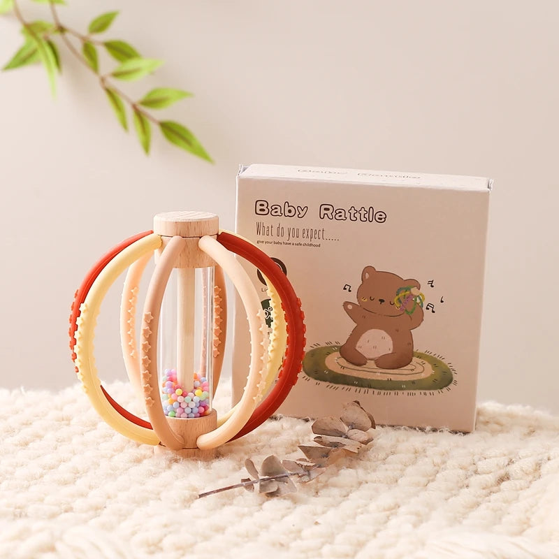 Baby Rattle & Rain Drum - Wooden & Silicone Sensory Teether Toy