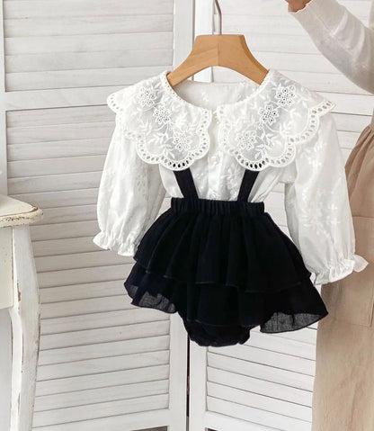 Kleidungsset für Kinder und Baby-Mädchen – Prinzessinnenbluse mit großem Kragen und Spitzen-Body, 2-teiliges Outfit