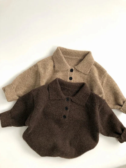 1-6Y Autumn Boys Knit Sweater – Solid Color Turn-Down Collar Pullover & Girls Outwear