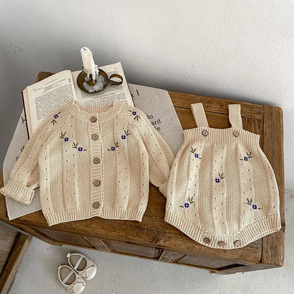 Toddler Baby Girl Clothing Set Embroidery Flower Knit Sweaters Beige Bodysuit Infant Girls Outfit