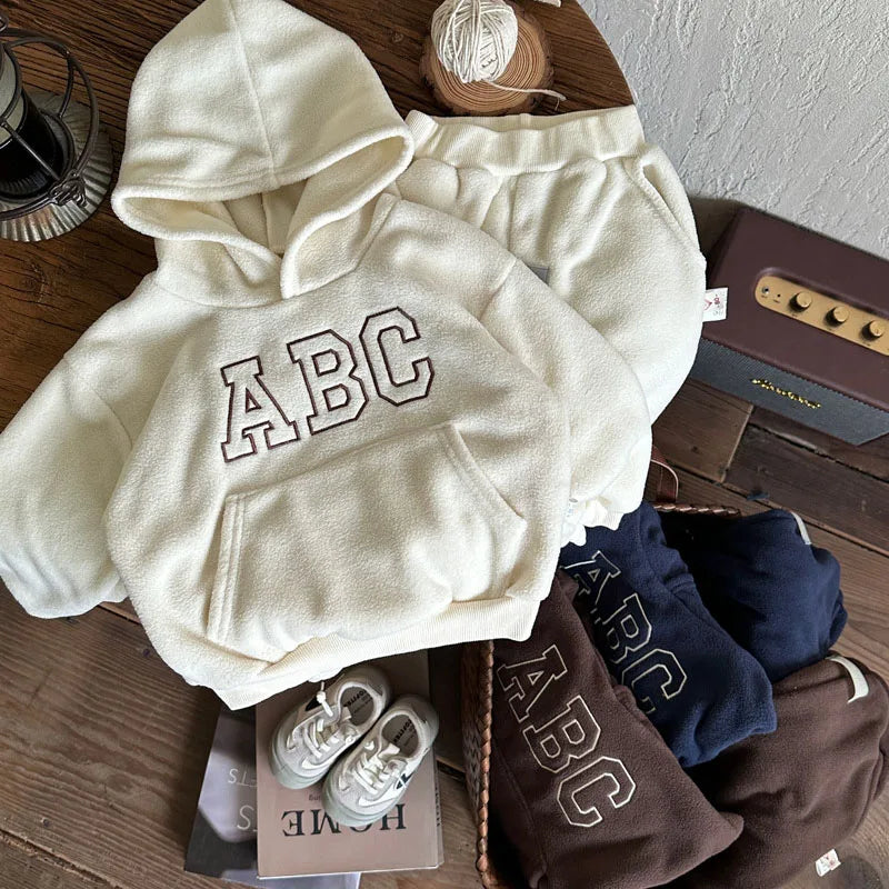 Ensemble de vêtements d'hiver pour enfants, doublure en fourrure, ensemble sweat à capuche et pantalon, survêtement 2 pièces pour garçons et filles