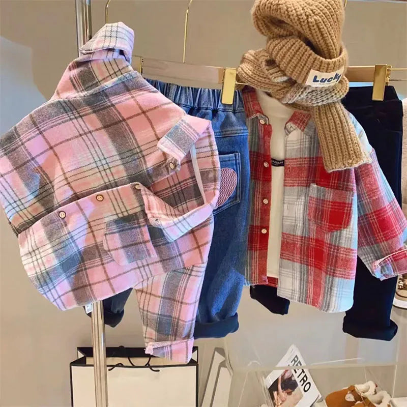 Herbst Kinder Plaid Shirt 2-7Y Vintage Stil Drehen-unten Kragen Jungen &amp; Mädchen Casual Top