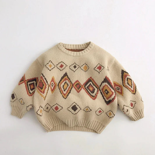 Pull enfant à carreaux colorés automne-hiver – Pull rétro pour garçon et manteau épais en tricot pour fille