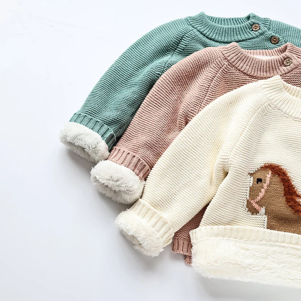 Winter New Cartoon Kids Sweater Fur-Lined Fleece Knitwear Pullover Coat