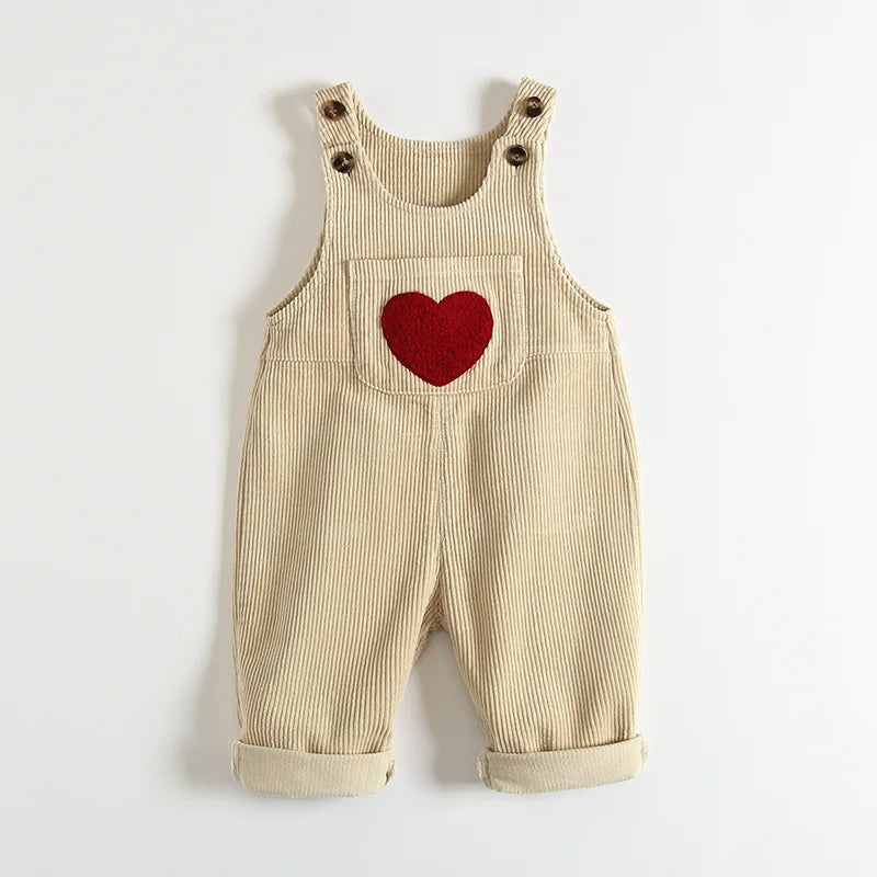 1-4Y Spring Kids Baby Clothes Heart Embroidery Baby Boys Girls Bib Pants Solid Overalls Corduroy Casual Suspender Outwear