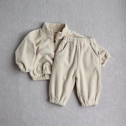 Winter-Sportanzug für Babys, einfarbig, Fleece-Kapuzenpullover, lockere Oberbekleidung für Kleinkinder, 2-teilig (0–3 Jahre)