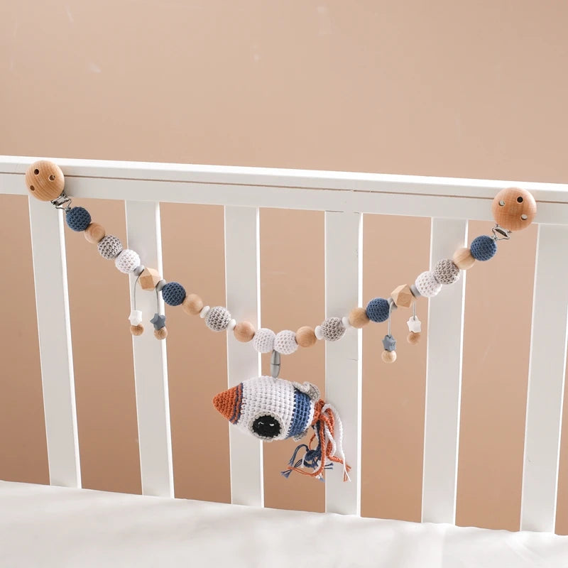 Wood Teether & Baby Bed Hanging Rattle Toy - Crochet Animal Comfort & Stroller Decor