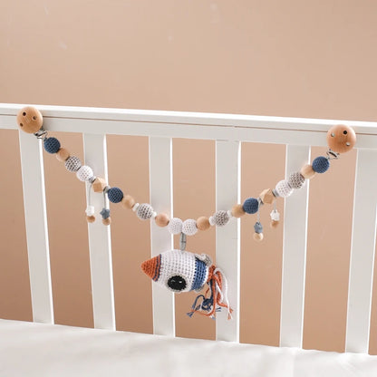 Wood Teether & Baby Bed Hanging Rattle Toy - Crochet Animal Comfort & Stroller Decor