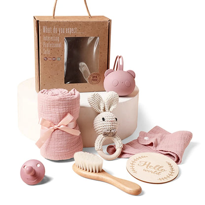 7PCS Baby Gift Set – Bath Toys, Towel, Blanket, Rattle & Milestone Accessories