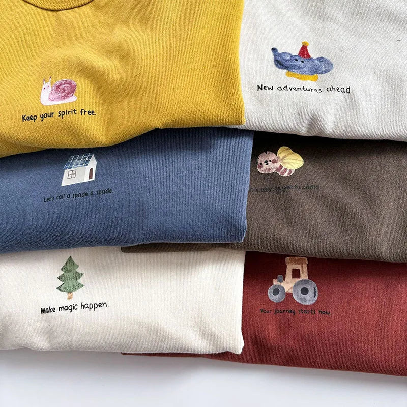 Frühlings-T-Shirt für Kinder mit Cartoon-Tiermotiv – Lässiges Oberteil mit Rundhalsausschnitt für Jungen und Mädchen (1–5 Jahre)