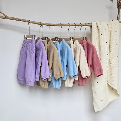 Ensemble de sport d'hiver pour bébé, couleur unie, polaire, sweat à capuche, vêtements d'extérieur amples pour tout-petits, 2 pièces (0-3 ans)