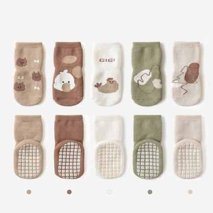 Lot de 5 paires de chaussettes antidérapantes pour bébé, motif dessin animé, pour l'intérieur et l'extérieur (0-5 ans)