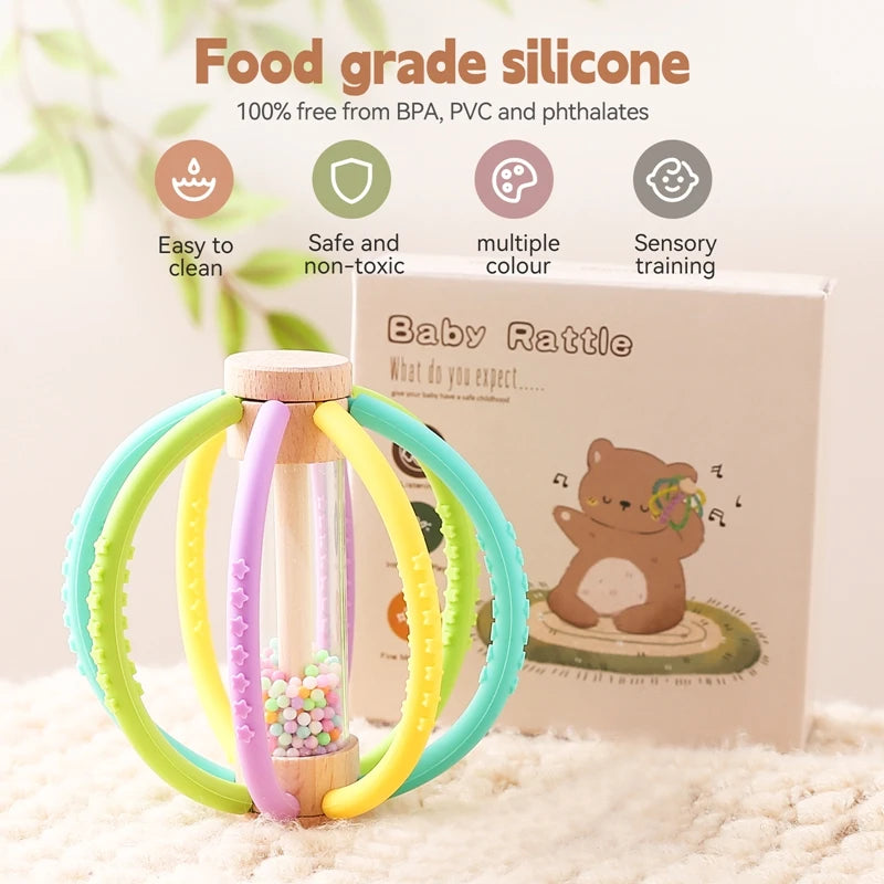 Baby Rattle & Rain Drum - Wooden & Silicone Sensory Teether Toy