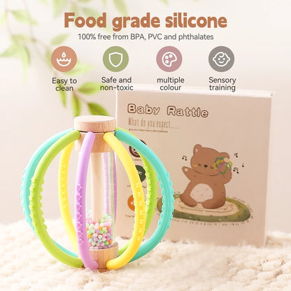 Baby Rattle & Rain Drum - Wooden & Silicone Sensory Teether Toy