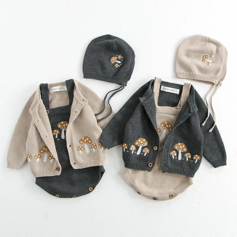 Pull d'automne pour bébé de 0 à 3 ans, cardigan brodé de champignons, manteau tricoté pour garçon avec body en option