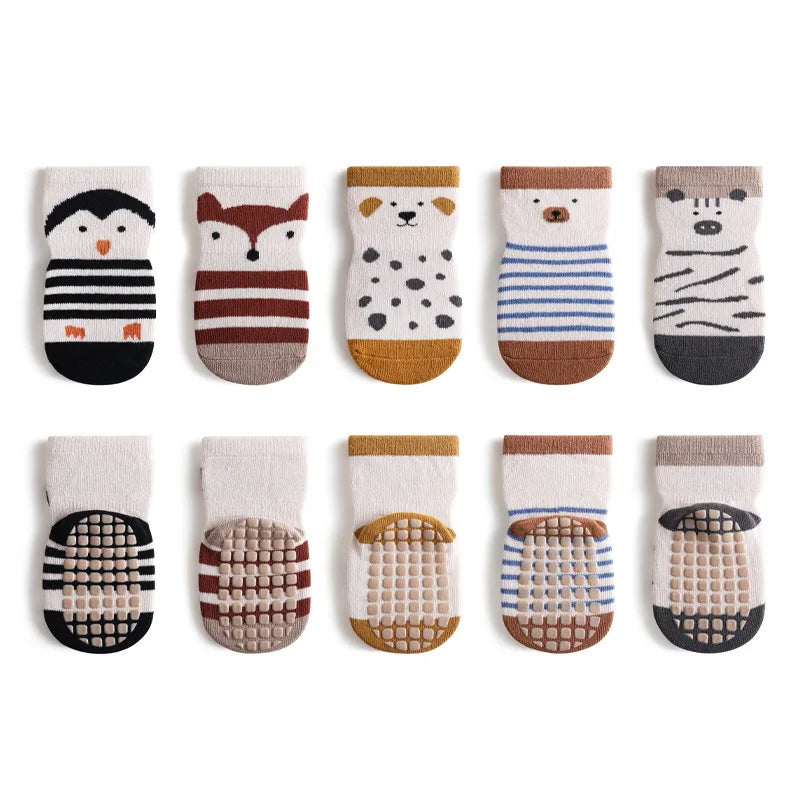 Lot de 5 paires de chaussettes antidérapantes pour bébé, motif dessin animé, pour l'intérieur et l'extérieur (0-5 ans)