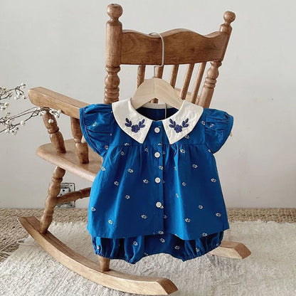 Baby-Sommerkleidungsset mit hübscher Bluse und Shorts mit Peter-Pan-Kragen, 2-teilig, für Kleinkinder, Mädchen