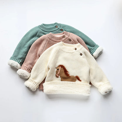 Winter New Cartoon Kids Sweater Fur-Lined Fleece Knitwear Pullover Coat